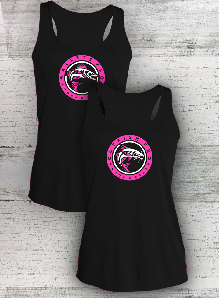 HD FISH Pro - Camiseta sin mangas de espalda deportiva para mujer Competitor™ - Negra - Serie Circle - Lucioperca Bagre Mojarra Perca