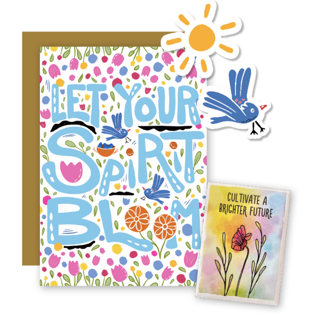 Kit de saludos para jardín "Deja que tu espíritu florezca" con paquete de semillas "Cultiva un futuro más brillante", hojas informativas y tarjeta de felicitación (Celebra los polinizadores)