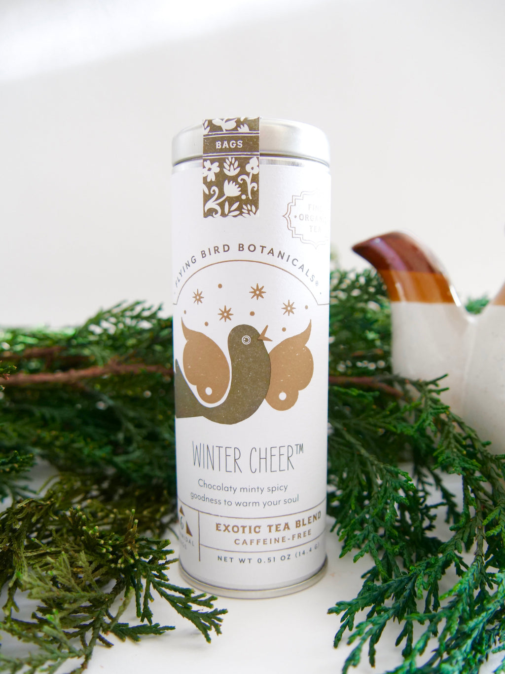 Lata "Alegría Invernal" para la hora del té: 6 eco-bolsitas de té orgánico (Chocolate con menta)
