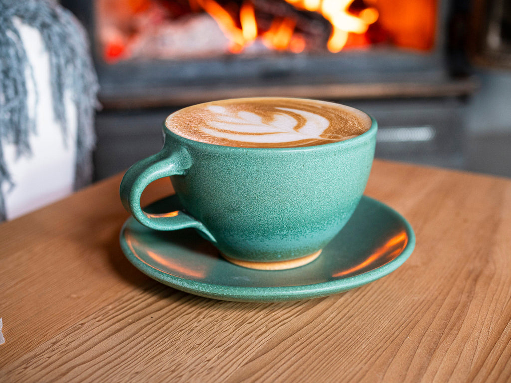 Cappuccino Cup, Latte Cup: Green/White, approximately 10 -12 oz, Stoneware is a stoneware latte cup selected for drinkware shoppers, coffee bars, kitchen tableware, gift sets, and cozy beverage routines. Material details include 𝗦 & 𝗗𝗘𝗦𝗜𝗚𝗡: Stoneware Clay: includes lighter and darker tones in the clay Green Glaze: may vary in lighter or darker green Materials: free of heavy metals (e. Available style options help shoppers choose the right version from the listing variants.