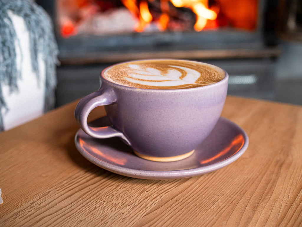 Cappuccino Cup, Latte Cup: Purple/White, approximately 10 -12 oz, Stoneware is a stoneware latte cup selected for drinkware shoppers, coffee bars, kitchen tableware, gift sets, and cozy beverage routines. Material details include 𝗦 & 𝗗𝗘𝗦𝗜𝗚𝗡: Stoneware Clay: includes lighter and darker tones in the clay Purple Glaze: may vary in lighter and darker tones of purple Materials: free of heavy metals (e. Available style options help shoppers choose the right version from the listing variants.