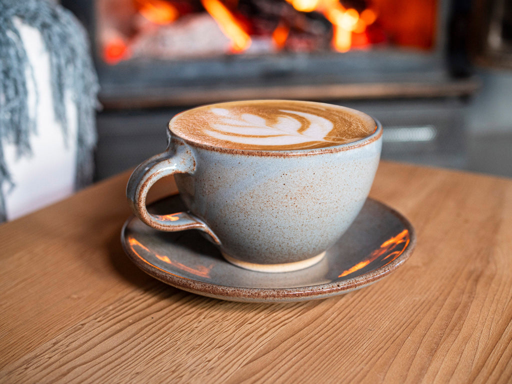 Cappuccino Cup, Latte Cup: Brown-Blue/White, approximately 10-12 oz, Stoneware is a stoneware latte cup selected for drinkware shoppers, coffee bars, kitchen tableware, gift sets, and cozy beverage routines. Material details include 𝗦 & 𝗗𝗘𝗦𝗜𝗚𝗡: Stoneware Clay: includes lighter and darker tones in the clay Brown-Blue Glaze: may vary in the amount of brown and blue Materials: free of heavy metals (e. Available style options help shoppers choose the right version from the listing variants.