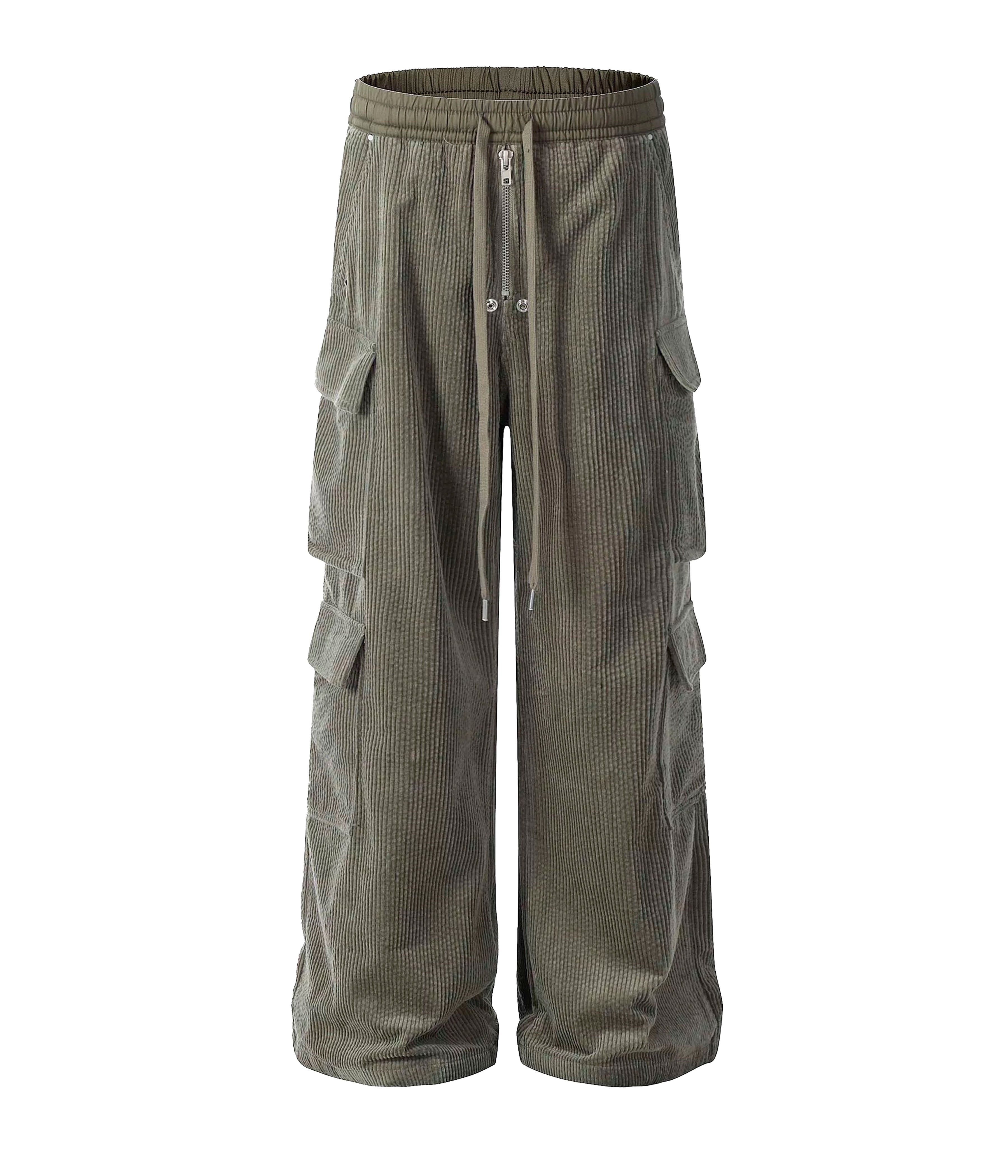Grey Corduroy Drawstring Cargo Pants