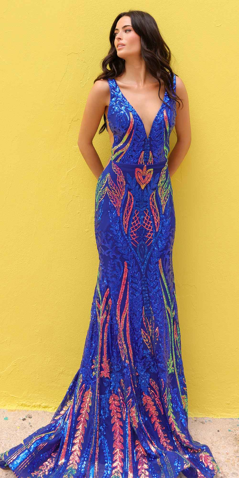 Nox Anabel R1402 Long Plunging V-Neck Fitted Sequin Print Gown is a formal gown for prom, red carpet, formal events. It features sequin styling and a polished formalwear look suited for Honey Badger Books shoppers selecting special-occasion apparel.