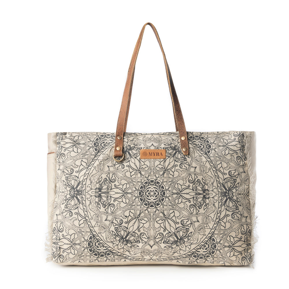 Up-Cycled Canvas Bag | Myra Wildmandala Weekender Bag for Women in Ivory