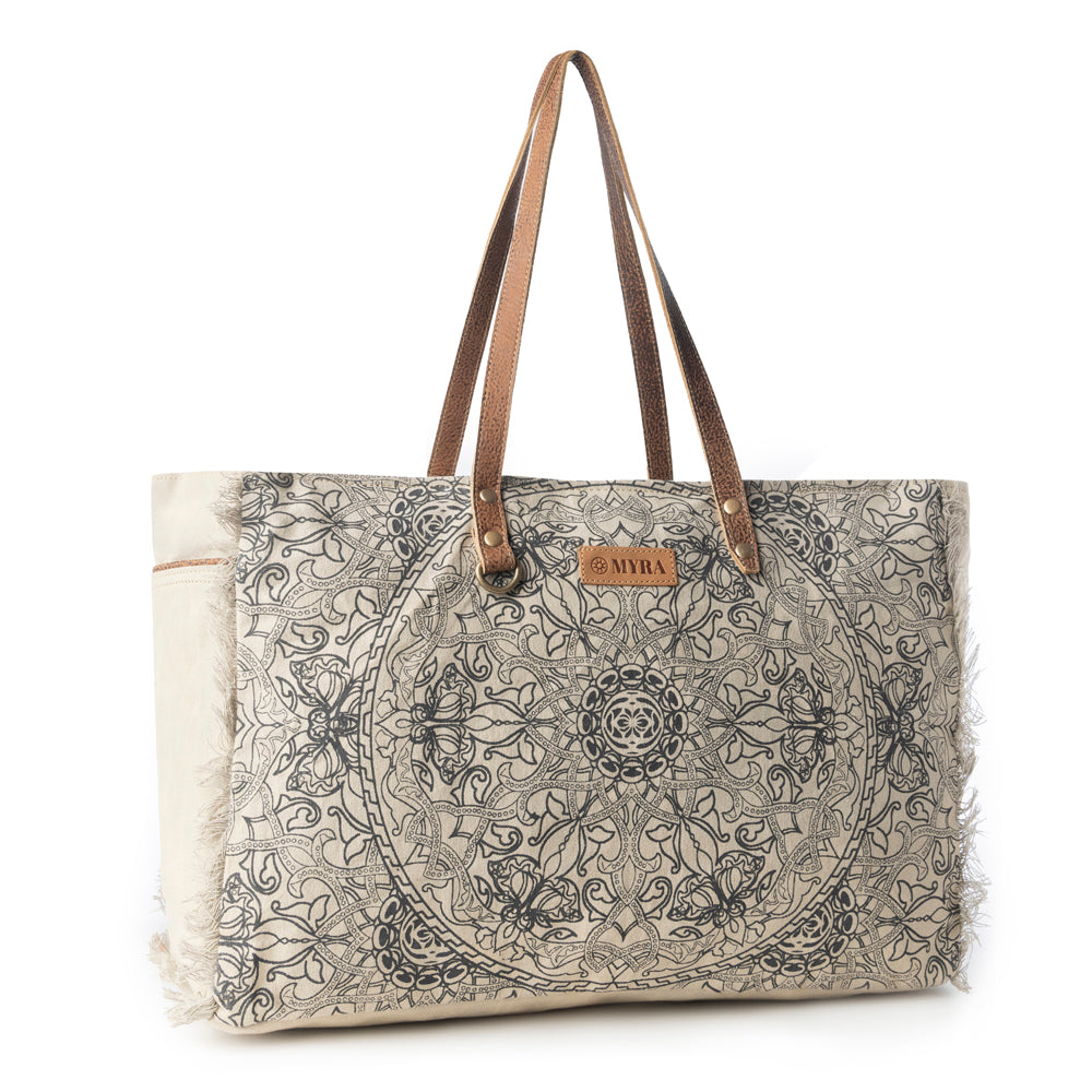 Up-Cycled Canvas Bag | Myra Wildmandala Weekender Bag for Women in Ivory