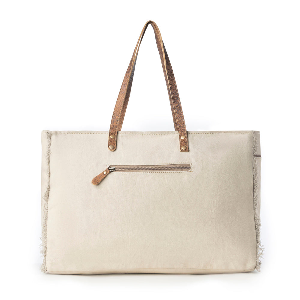 Up-Cycled Canvas Bag | Myra Wildmandala Weekender Bag for Women in Ivory