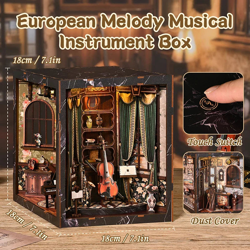 European Melody Musical Instrument Box DIY Miniature House, 3D Puzzle Bookend Model, Wooden Bookend. Creative Gift is a DIY book nook kit selected for bookshelf displays, craft projects, model building, reading nooks, book lover gifts, and miniature collectors. Details from the listing include Wood; 14+. A strong fit for book lovers, crafters, model builders, miniature collectors, and shoppers who enjoy shelf decor. Available color options help shoppers choose the right version from the listing variants.