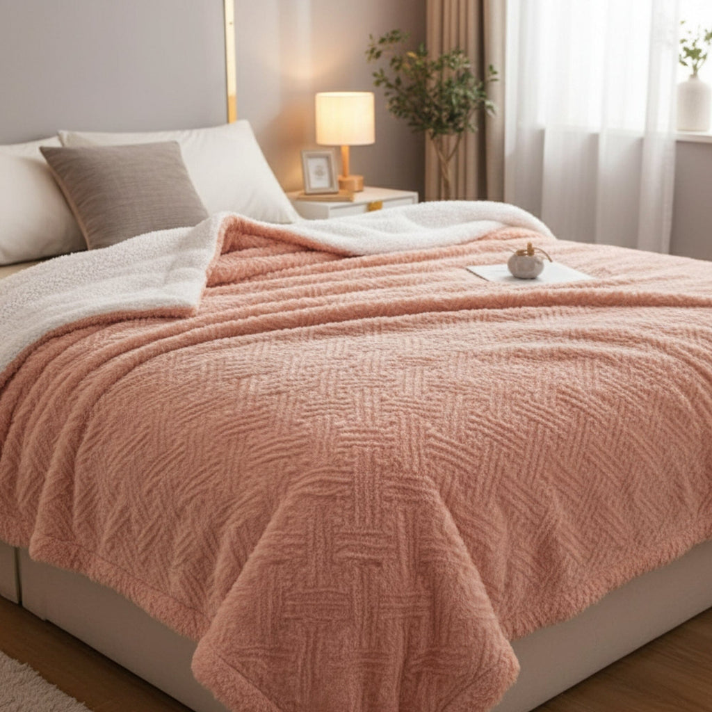 Manta de tiro DaDa Bedding de piel sintética de rosa coral melocotón - Parte trasera de Sherpa con relieve geométrico de ensueño - Súper suave, cálida, cómoda y mullida