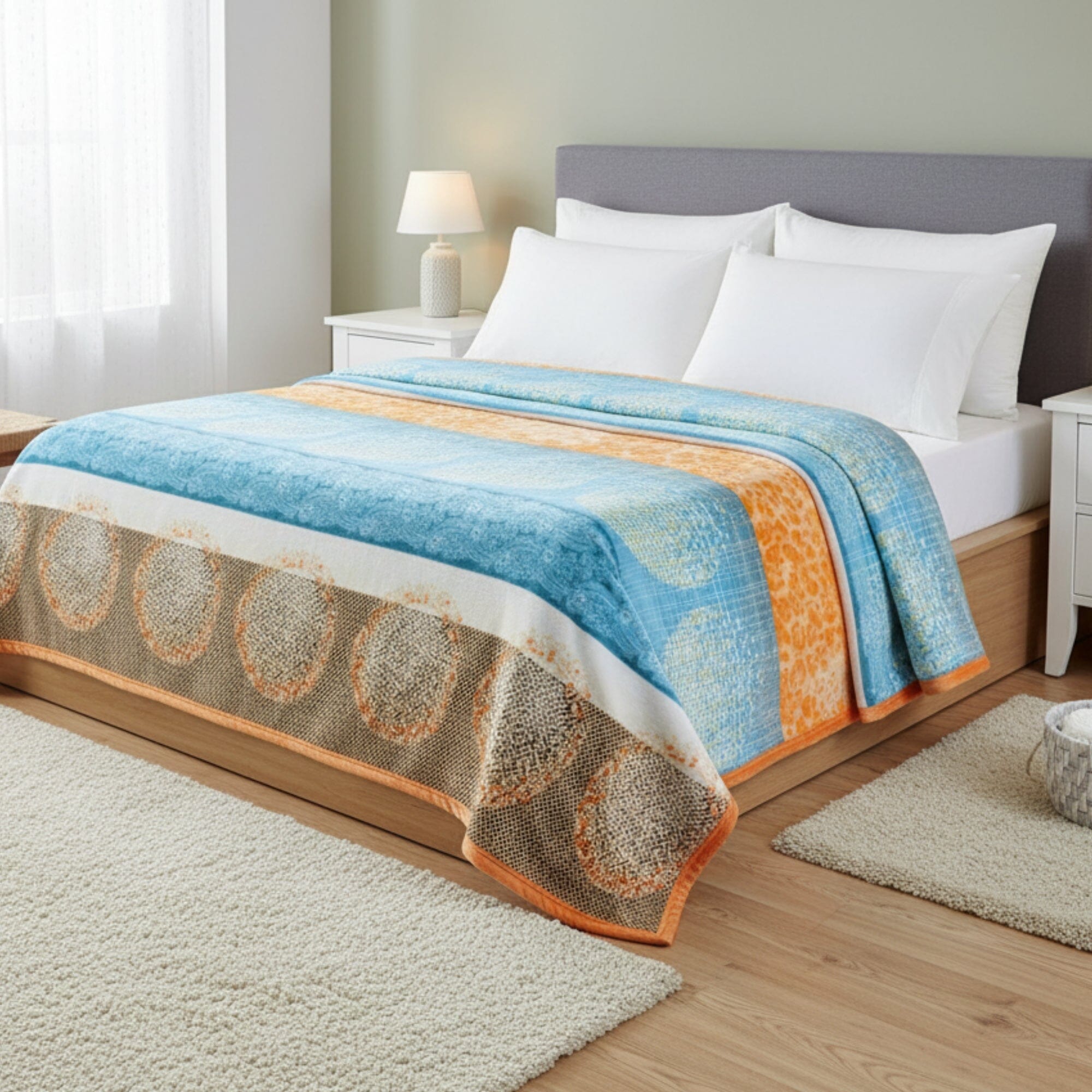 DaDa Bedding パパイヤビーチ オレンジ＆ブルー リバーシブル ソフトフリースフランネルスローブランケット (XY9841)