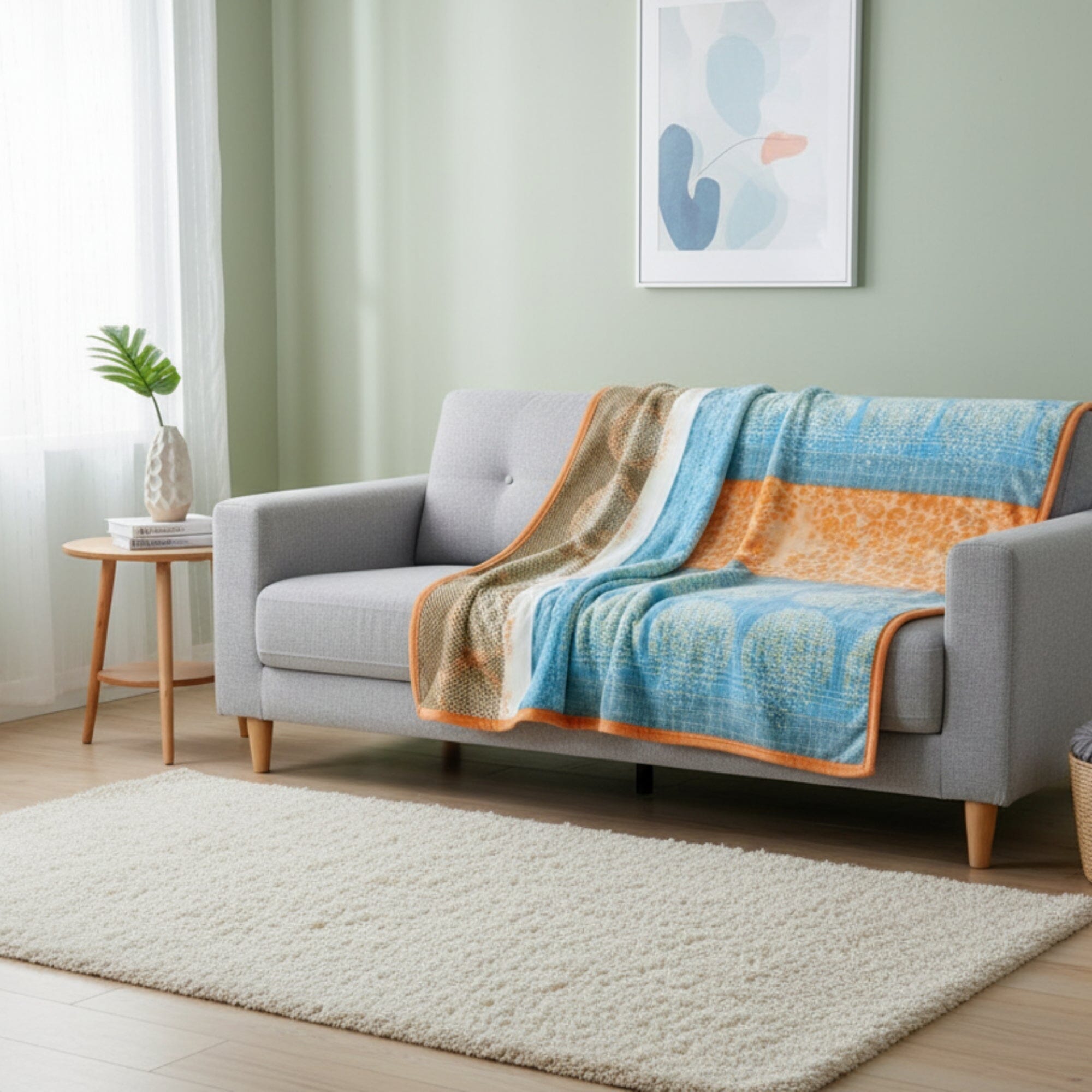 DaDa Bedding パパイヤビーチ オレンジ＆ブルー リバーシブル ソフトフリースフランネルスローブランケット (XY9841)