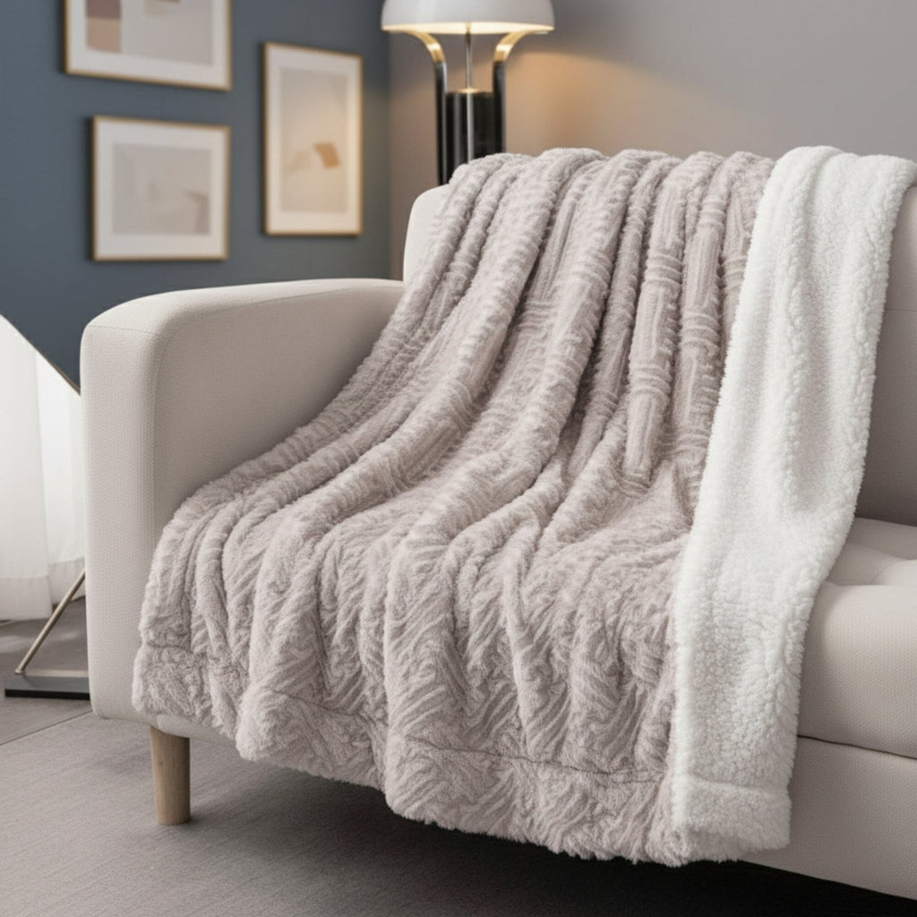 Manta DaDalogy Bedding de piel sintética gris lavanda - Parte trasera de sherpa gofrado geométrico de ensueño - Súper suave, cálida, acogedora, afelpada y mullida