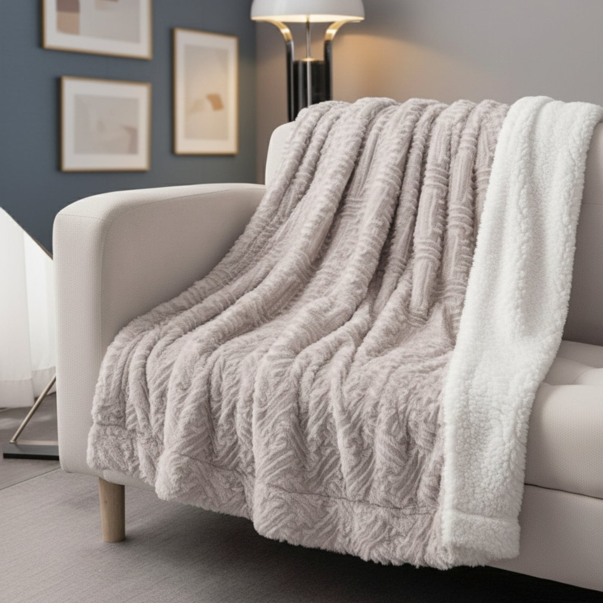 DaDalogy Bedding ラベンダーグレー フェイクファー スローブランケット - ドリーミーな幾何学模様のエンボス加工シェルパ裏地 - 非常に柔らかく暖かい心地よいふわふわのプラッシュ