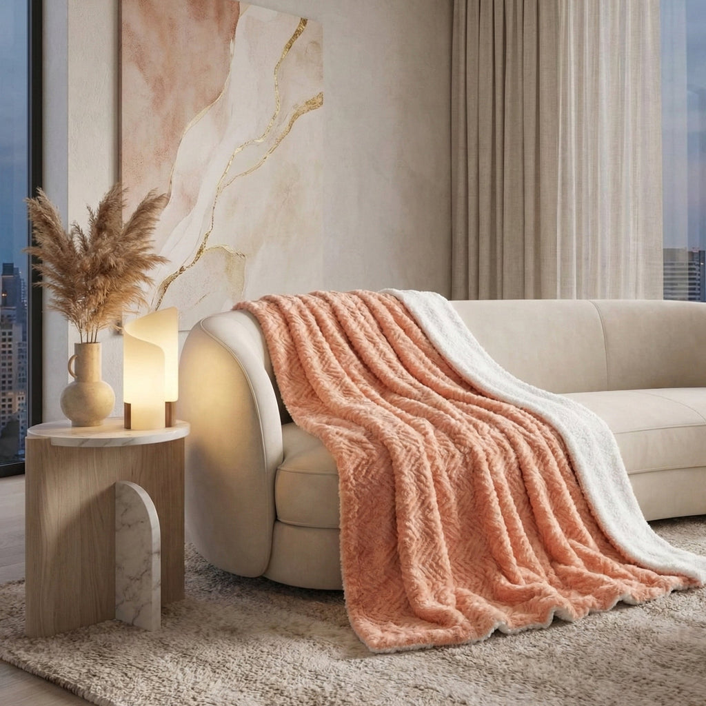 Manta de tiro DaDa Bedding de piel sintética de rosa coral melocotón - Parte trasera de Sherpa con relieve geométrico de ensueño - Súper suave, cálida, cómoda y mullida