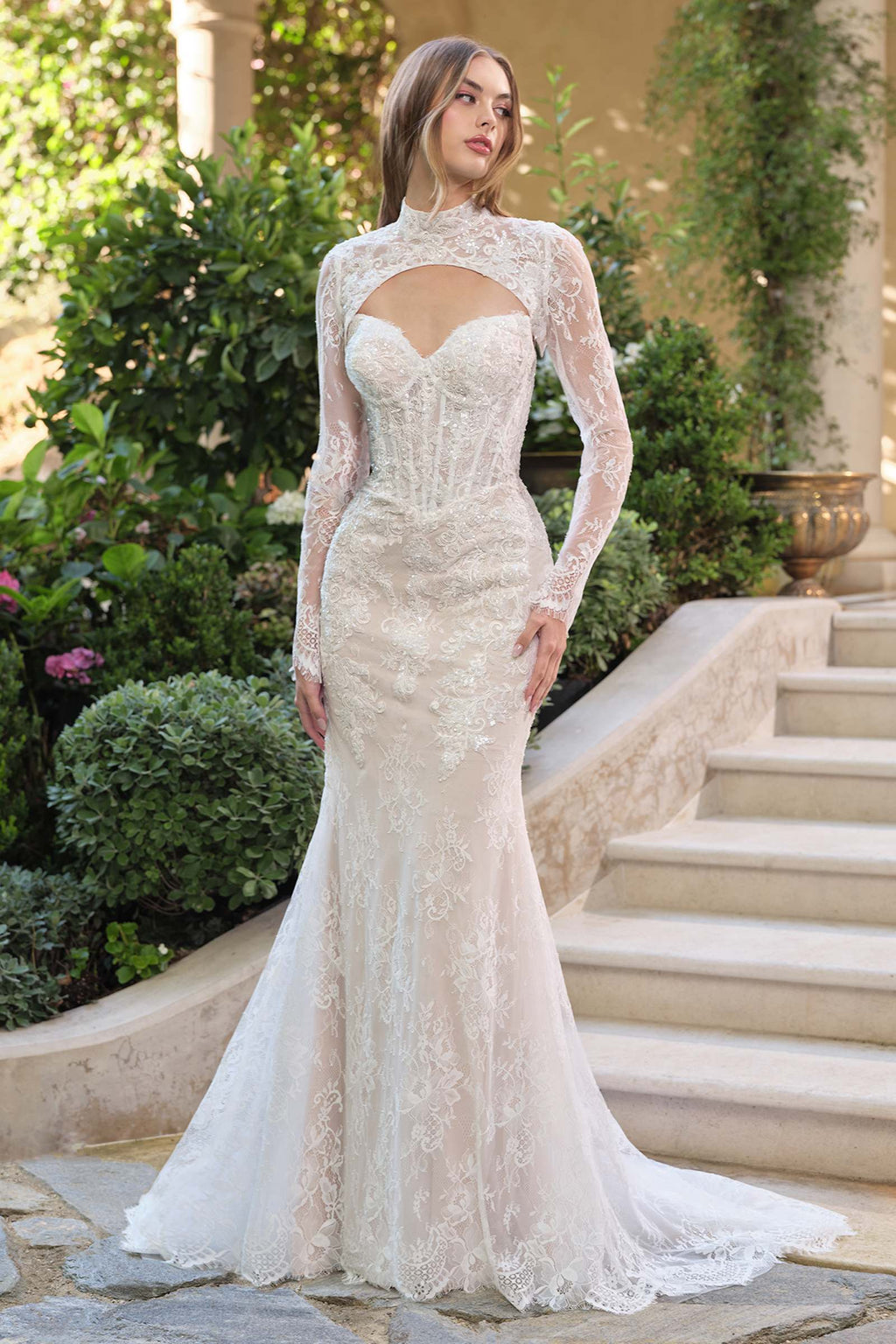 Andrea & Leo WL071 is a women’s wedding dress for wedding, formal events. Source details list a Fit and flare silhouette. Design details include Strapless sweetheart neckline with detachable high-neck lace bolero. Fabric/material details: Beaded lace overlay with soft nude underlay. Fit detail: Sheer structured bodice with lace-up back and sweep train. Colors listed: off white/nude. Use the product options for exact color and size selection.