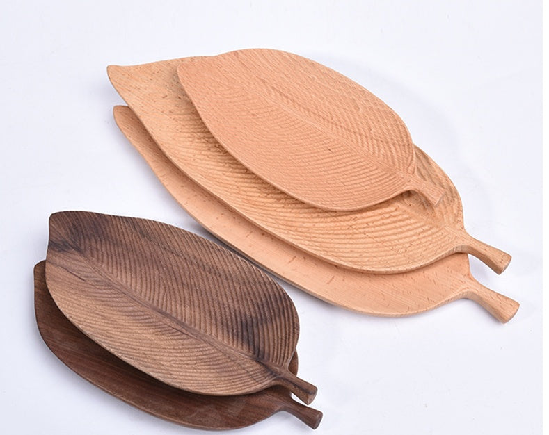 Bandeja de Madera Maciza Creativa Original Hecha a Mano para Dim Sum, Aperitivos, Frutas con Forma de Hoja