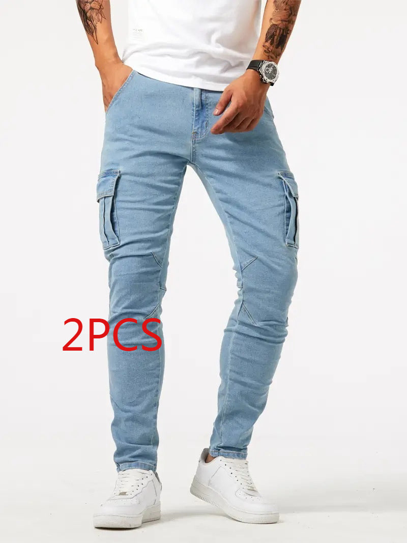 Pantalón cargo casual para hombre, pantalón elástico de marca de moda para primavera y verano, gris, a estrenar, corte recto, vaquero ligero