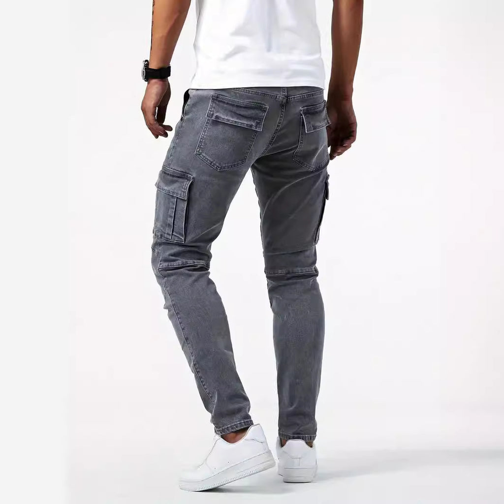 Pantalón cargo casual para hombre, pantalón elástico de marca de moda para primavera y verano, gris, a estrenar, corte recto, vaquero ligero