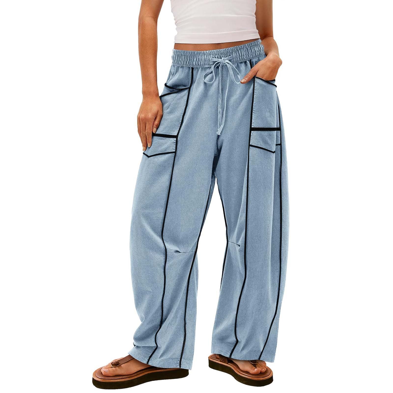 Pantalones Y2K negros a rayas de pierna ancha con bolsillos, pantalones holgados con cordón, pantalones deportivos, ropa de mujer