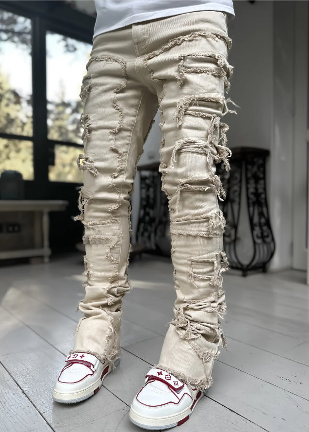 Pantalones rasgados con flecos interiores, remendados individualmente, ajustados, acampanados, apilados, largos, para ropa de hombre
