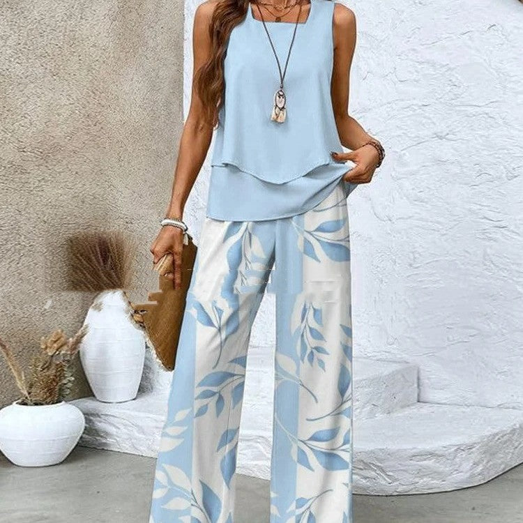 Trajes Estampados Chaleco Sin Mangas De Doble Capa Y Pantalones Rectos Sueltos Ropa De Mujer