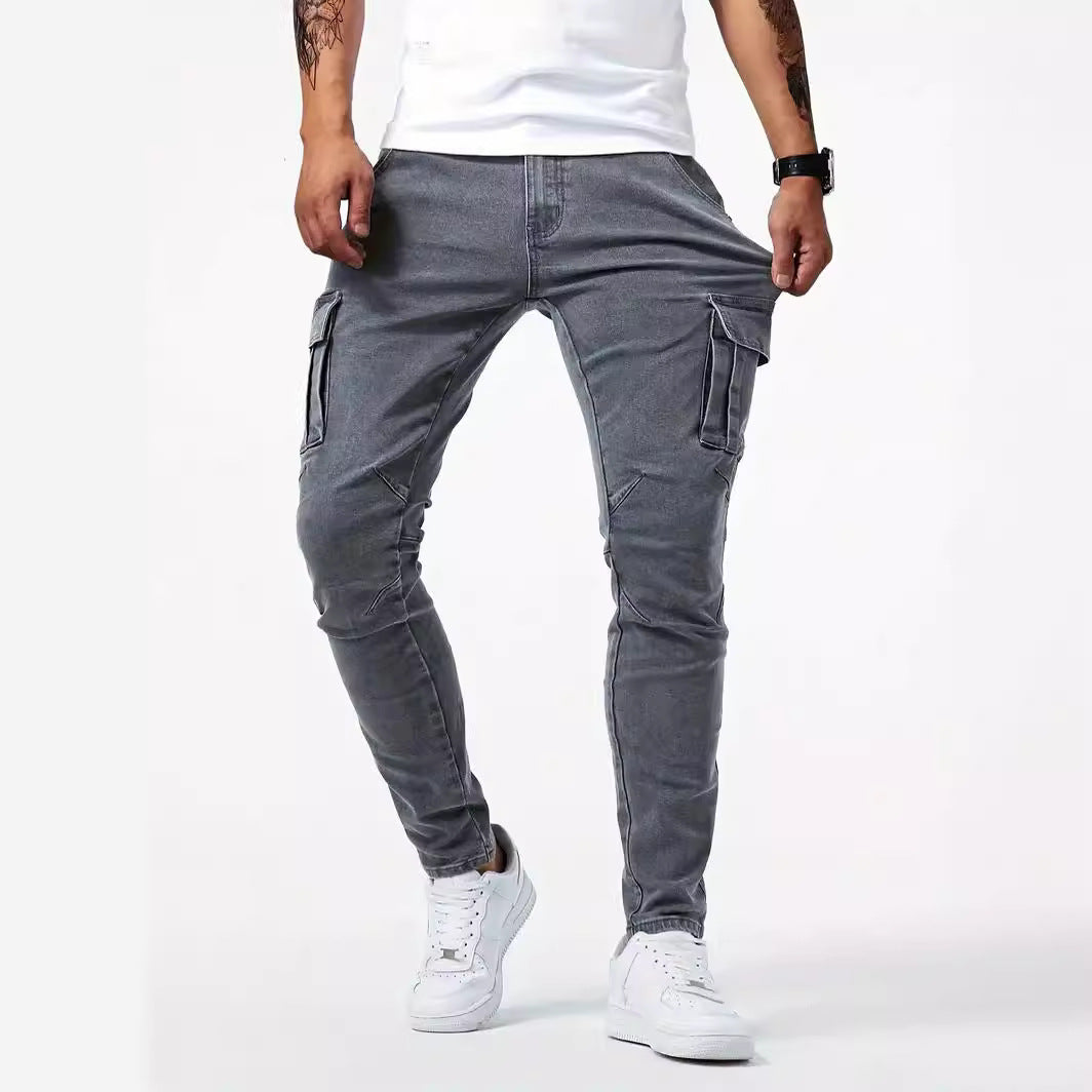 Pantalón cargo casual para hombre, pantalón elástico de marca de moda para primavera y verano, gris, a estrenar, corte recto, vaquero ligero