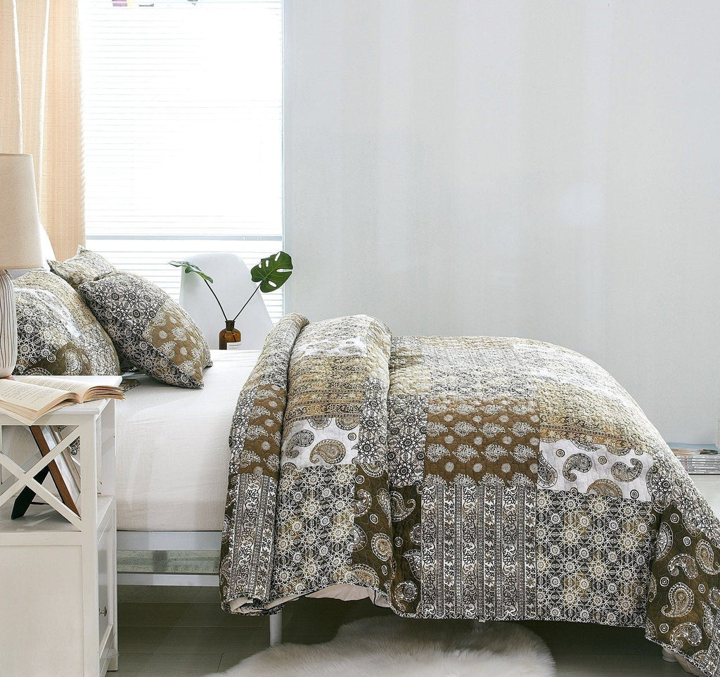 Juego de colcha de algodón con diseño bohemio de olivo, cachemir marroquí, filigrana floral y retazos, de DaDa Bedding (JHW-885)