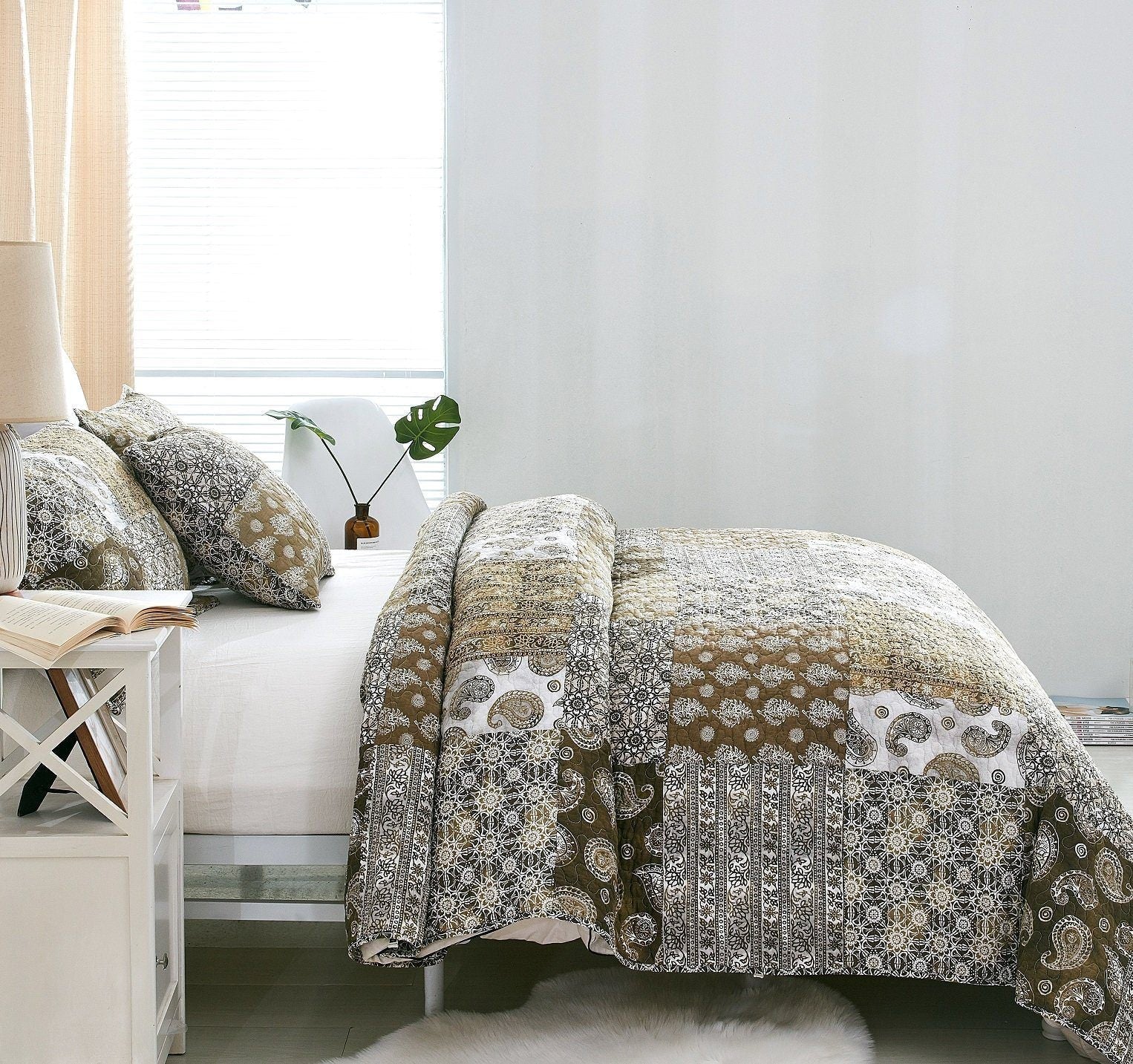 Juego de colcha de algodón con diseño bohemio de olivo, cachemir marroquí, filigrana floral y retazos, de DaDa Bedding (JHW-885)