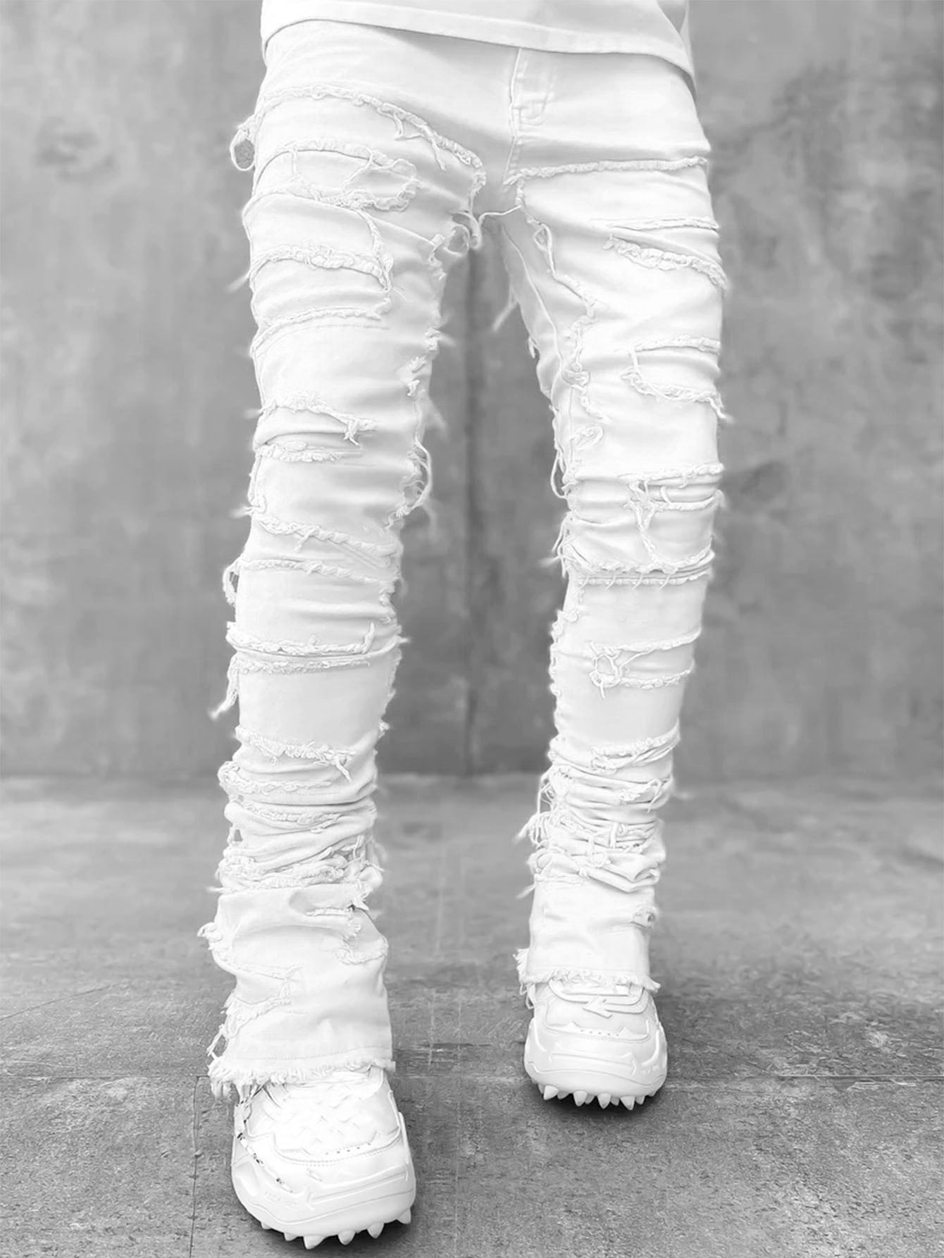 Pantalones rasgados con flecos interiores, remendados individualmente, ajustados, acampanados, apilados, largos, para ropa de hombre