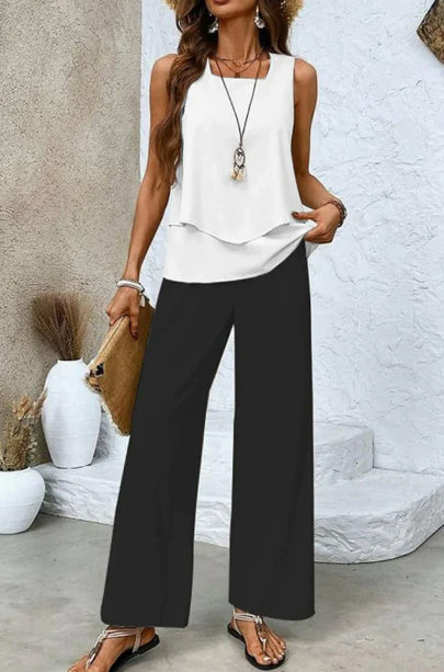 Trajes Estampados Chaleco Sin Mangas De Doble Capa Y Pantalones Rectos Sueltos Ropa De Mujer