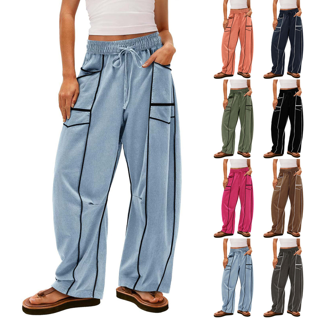 Pantalones Y2K negros a rayas de pierna ancha con bolsillos, pantalones holgados con cordón, pantalones deportivos, ropa de mujer