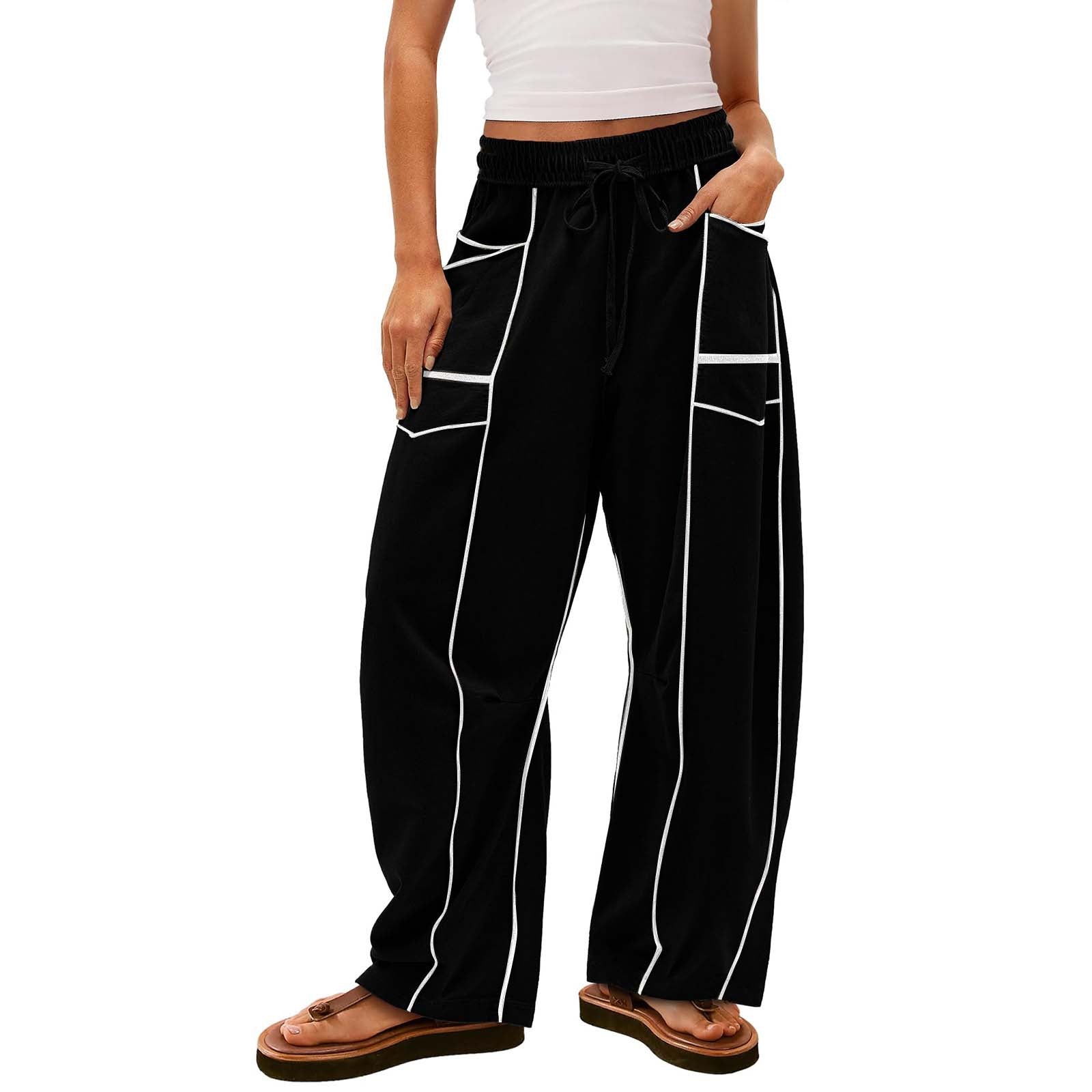 Pantalones Y2K negros a rayas de pierna ancha con bolsillos, pantalones holgados con cordón, pantalones deportivos, ropa de mujer
