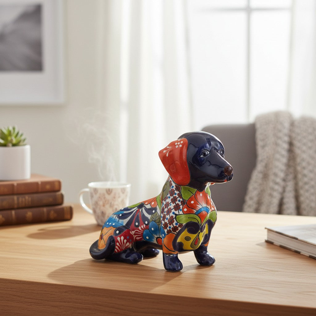Colorful Talavera Dachshund | Mexican Ceramic Dog Figurine is a hand-painted ceramic figurine chosen for home decor, collector displays, shelves, desks, mantels, and giftable accent pieces. The listing focuses on decor use, ceramic style, display value, and product details.
