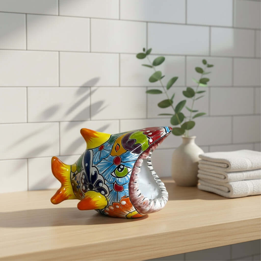Colorful Talavera Shark Soap Dish | Handmade Ceramic Holder is a ceramic soap dish selected for bathroom decor, sink organization, self-care gifting, and colorful countertop accents. It is a bathroom accessory for sinks, guest baths, and decorative self-care displays.