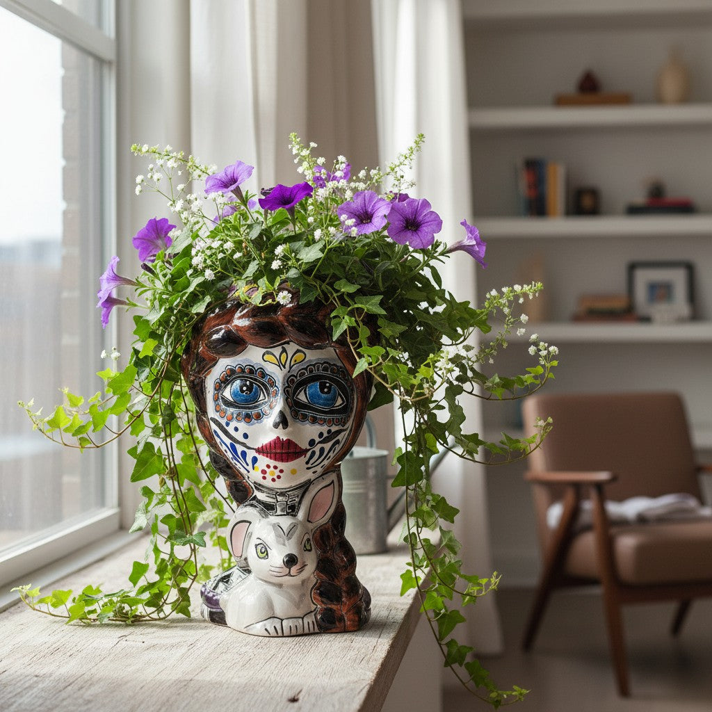 Day of the Dead Lady & Bunny Planter | Hand-Painted Talavera Pot is a hand-painted ceramic planter made for plant displays, garden accents, windowsills, patio styling, and colorful home decor. It is a home and garden product made for decorative plant displays and giftable home styling.