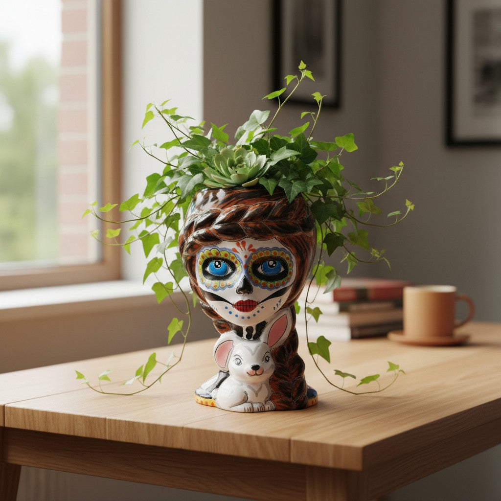 Talavera Planter | Day of the Dead Lady & Bunny Planter