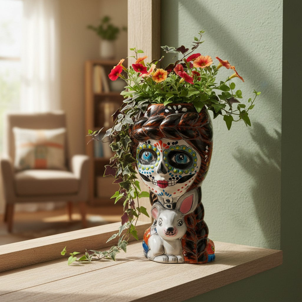 Talavera Planter | Day of the Dead Lady & Bunny Planter
