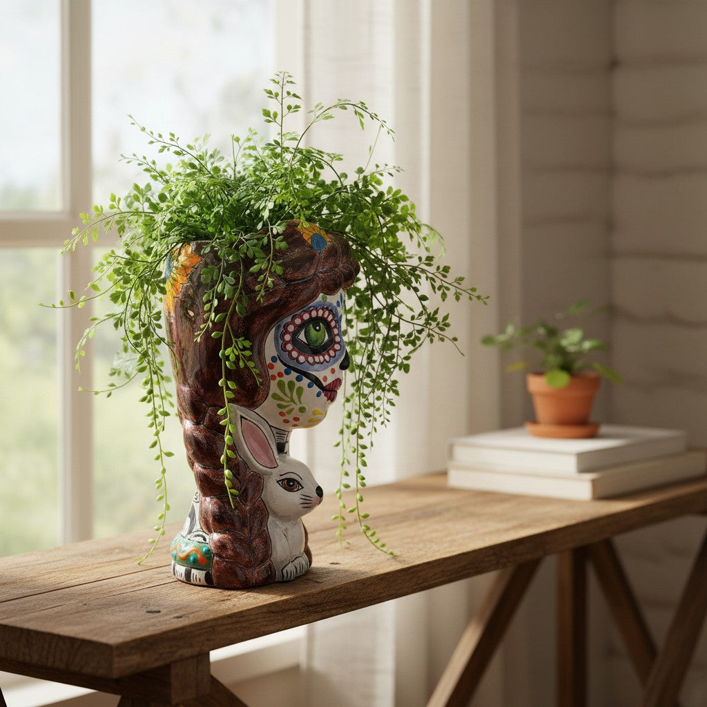 Talavera Planter | Day of the Dead Lady & Bunny Planter