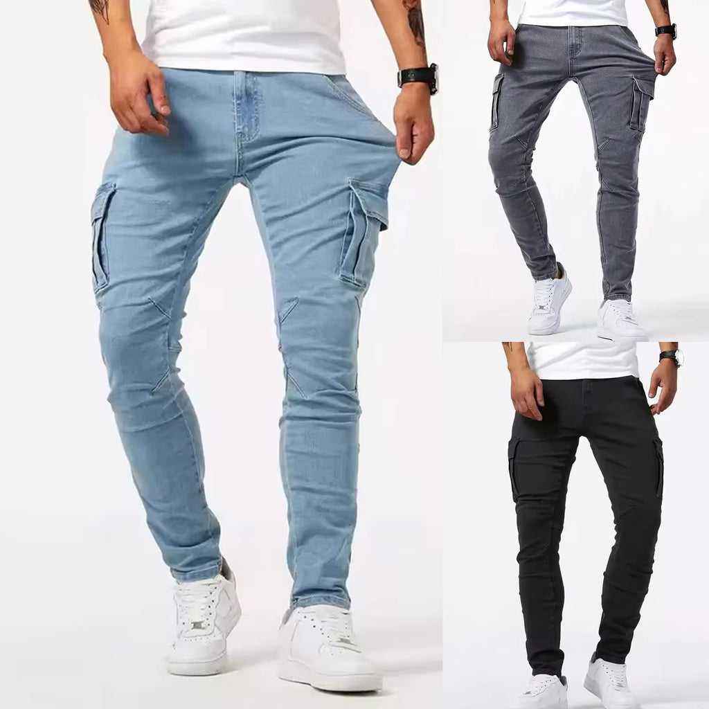 Pantalón cargo casual para hombre, pantalón elástico de marca de moda para primavera y verano, gris, a estrenar, corte recto, vaquero ligero