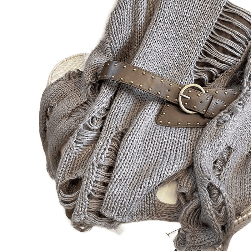 Suéter americano estilo retro calado de manga larga con cinturón
