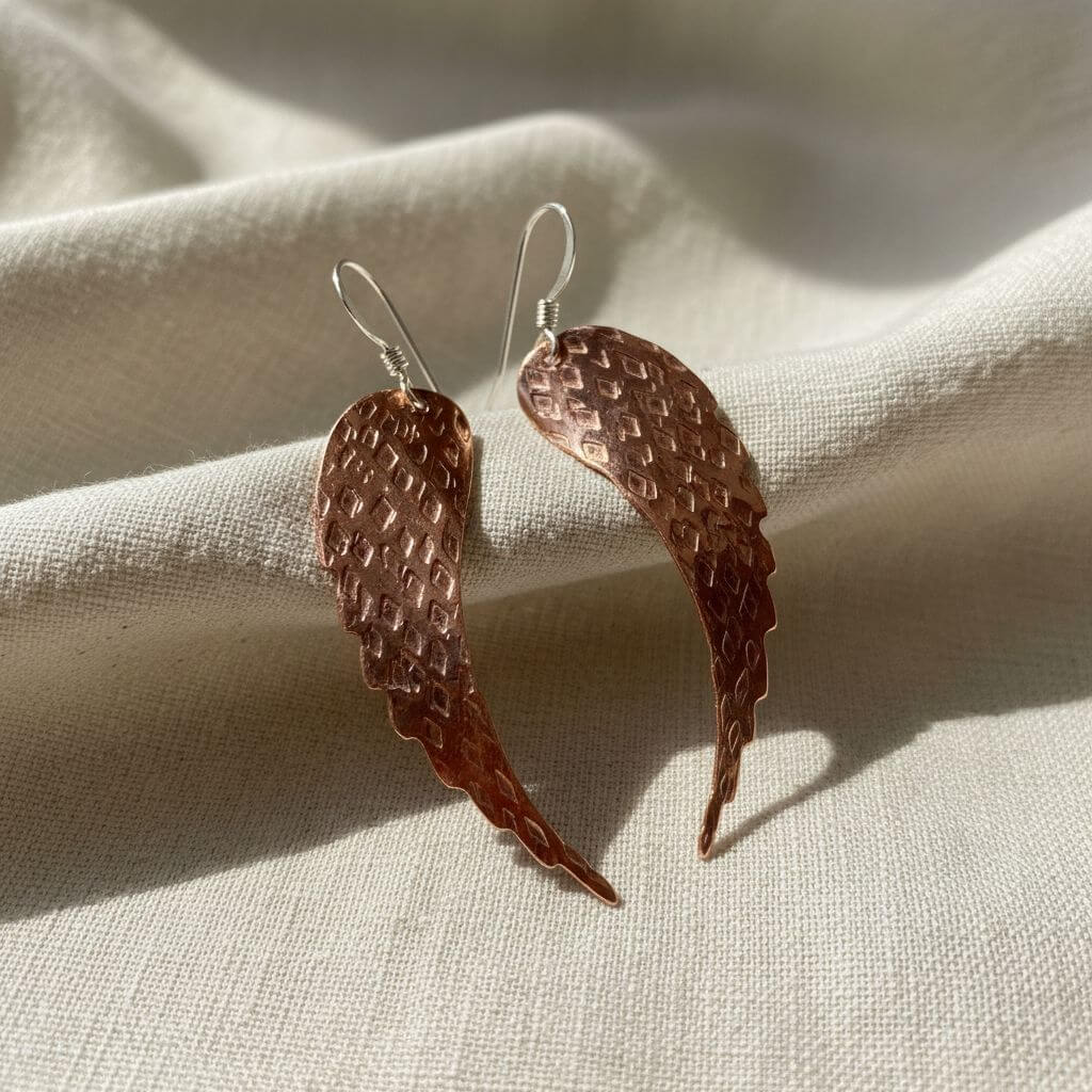Earring | Copper Hammer Pattern Sculpted Angel Wings Earrings