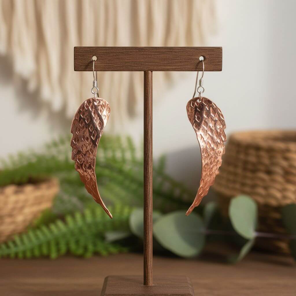 Earring | Copper Hammer Pattern Sculpted Angel Wings Earrings