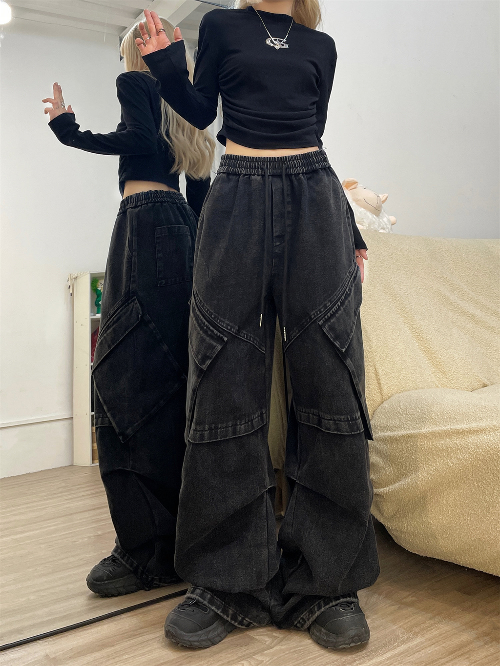 Vaqueros de trabajo retro de estilo americano para mujer, con pernera ancha gruesa