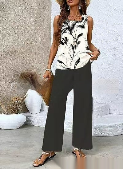 Trajes Estampados Chaleco Sin Mangas De Doble Capa Y Pantalones Rectos Sueltos Ropa De Mujer