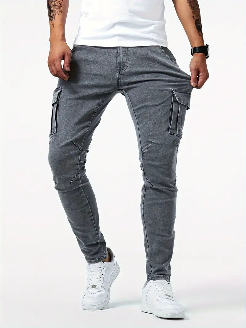 Pantalón cargo casual para hombre, pantalón elástico de marca de moda para primavera y verano, gris, a estrenar, corte recto, vaquero ligero