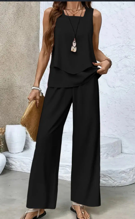 Trajes Estampados Chaleco Sin Mangas De Doble Capa Y Pantalones Rectos Sueltos Ropa De Mujer
