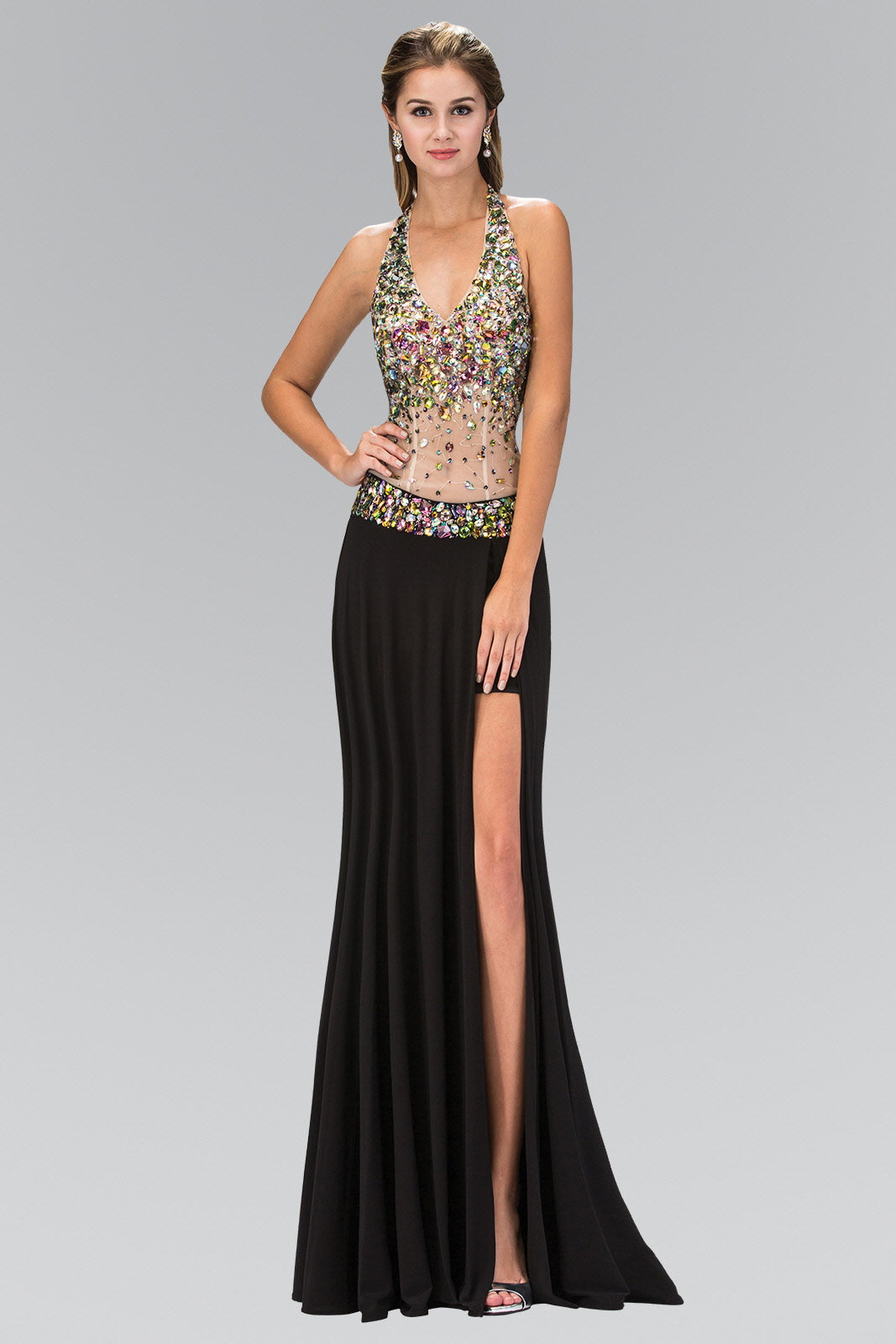 Nightgown | Jewel Embellished Halter Jersey Long Dress with Side
