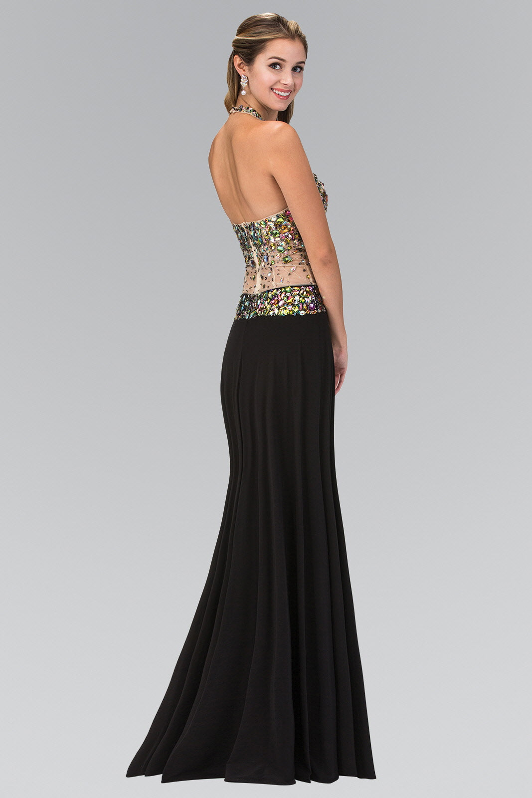 Nightgown | Jewel Embellished Halter Jersey Long Dress with Side