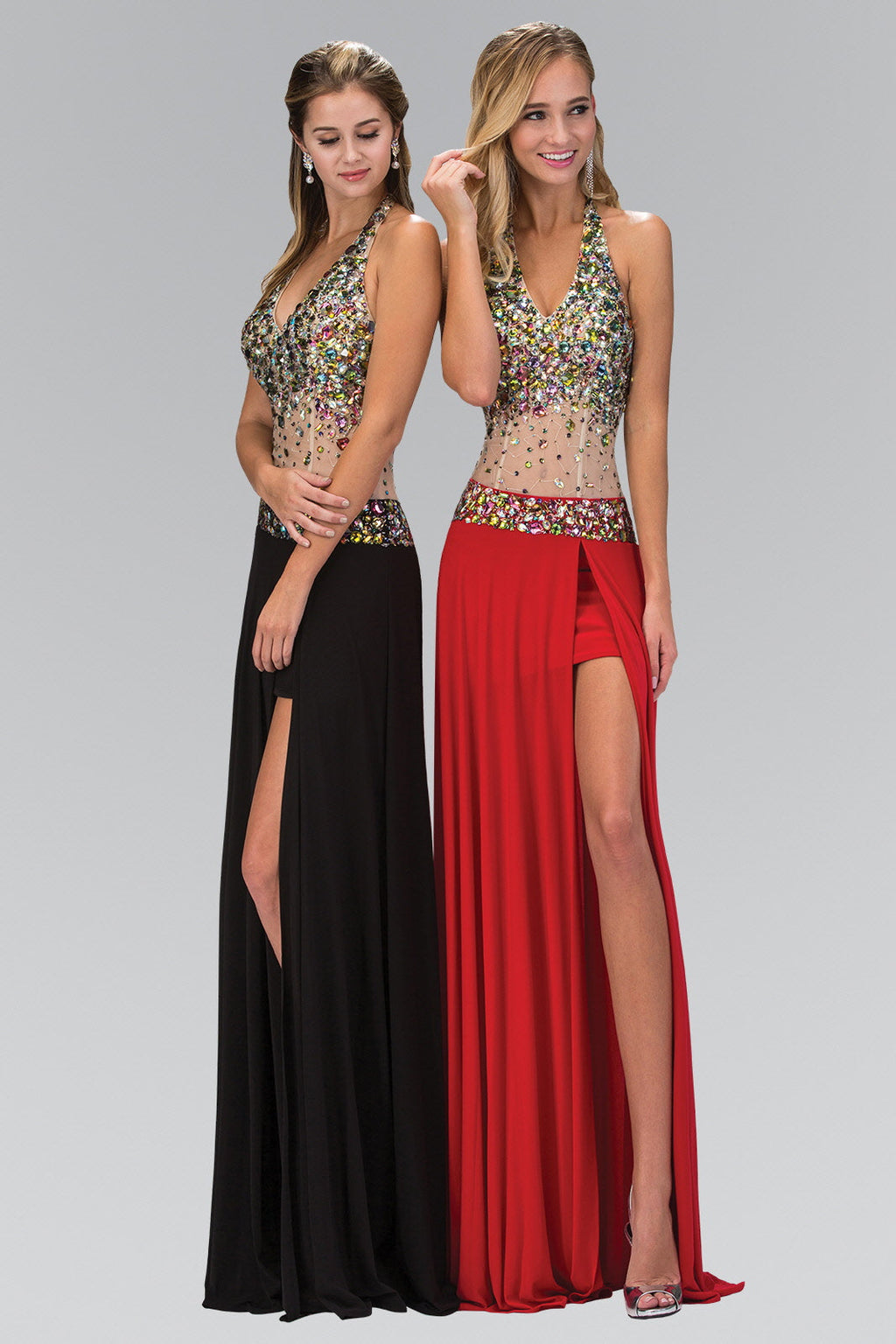 Nightgown | Jewel Embellished Halter Jersey Long Dress with Side