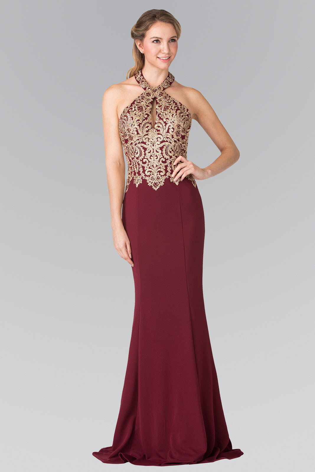 Nightgown | Embroidered Neck Halter Jersey Long Dress with Open